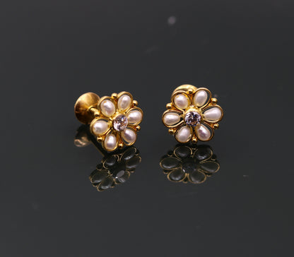 22kt yellow gold handmade stud earrings with fabulous pearl and cubic zircon earrings stylish modern girl's jewelry from india belly dance - TRIBAL ORNAMENTS