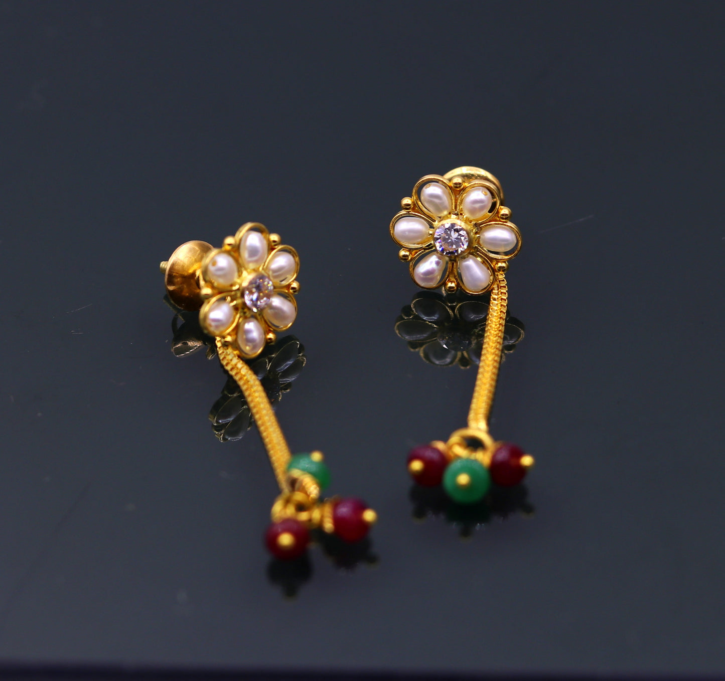 22kt yellow gold handmade stud earrings with fabulous pearl and hanging drop dangle color beads earrings stylish modern jewelry from india - TRIBAL ORNAMENTS