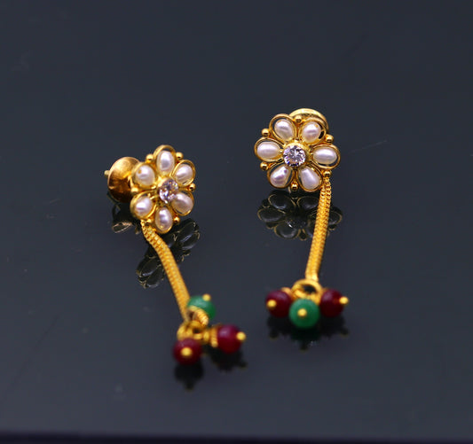 22kt yellow gold handmade stud earrings with fabulous pearl and hanging drop dangle color beads earrings stylish modern jewelry from india - TRIBAL ORNAMENTS
