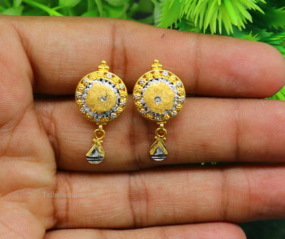 22KT yellow gold handmade designer stud earrings by TRIBAL ORNAMENTS, featuring elegant, stylish jewelry for daily wear or bridal gift.