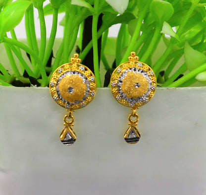 22KT yellow gold handmade designer stud earrings by TRIBAL ORNAMENTS, featuring elegant, stylish jewelry perfect for daily wear or bridal gifting.