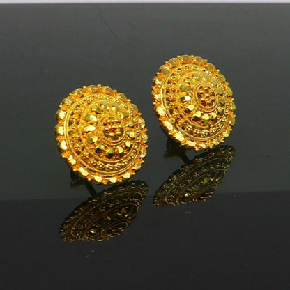 22Kt yellow gold handmade filigree stud earrings by TRIBAL ORNAMENTS, featuring intricate designs perfect for bridal jewelry and gifts.