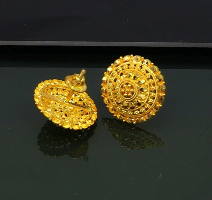 22Kt yellow gold handmade filigree stud earrings from TRIBAL ORNAMENTS, featuring intricate traditional design for bridal jewelry.
