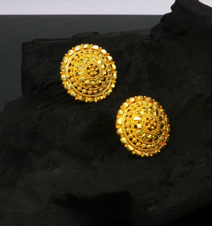22Kt yellow gold handmade filigree stud earrings from TRIBAL ORNAMENTS, featuring intricate design, perfect for bridal jewelry.