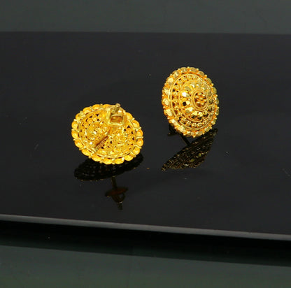 22Kt yellow gold handmade filigree stud earrings by TRIBAL ORNAMENTS, showcasing intricate design perfect for bridal jewelry.
