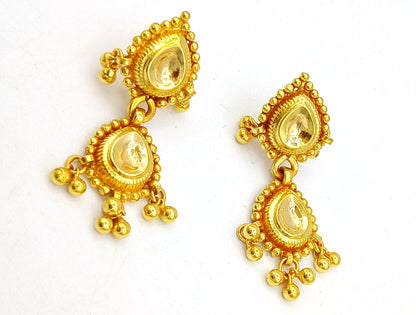 22KT yellow gold handmade vintage tribal earrings with Tussi pattern, dangle design, hanging bells, traditional Indian jewelry.