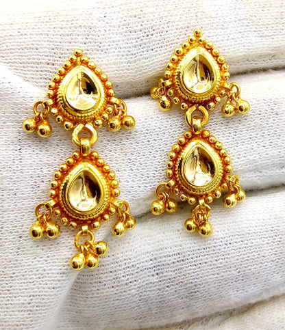 22KT yellow gold handmade vintage tribal earrings with Tussi pattern and hanging bells, traditional Indian jewelry by TRIBAL ORNAMENTS.