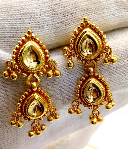 22KT yellow gold handmade vintage tribal earrings with Tussi pattern, dangling bells, traditional Indian tribal jewelry.