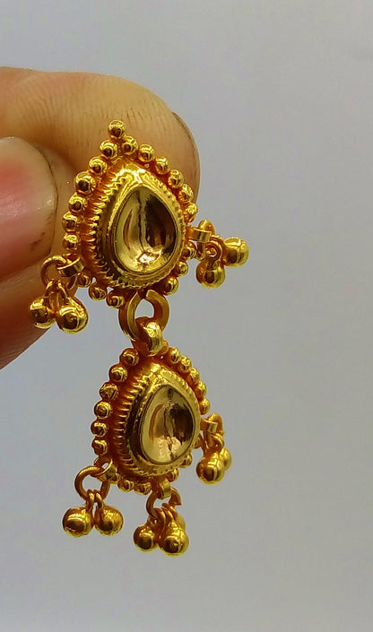 22KT yellow gold vintage tribal earrings with Tussi pattern and hanging bells, traditional Indian jewelry from TRIBAL ORNAMENTS