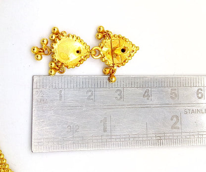 22KT yellow gold handmade vintage tribal earrings with Tussi pattern and hanging bells, traditional Indian jewelry by Tribal Ornaments