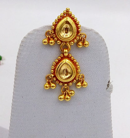 22KT yellow gold handmade vintage tribal earrings with Tussi pattern and hanging bells, traditional Indian jewelry by TRIBAL ORNAMENTS.