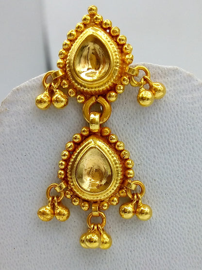 22KT yellow gold handmade vintage tribal earrings with Tussi pattern and hanging bells, traditional Indian jewelry by TRIBAL ORNAMENTS