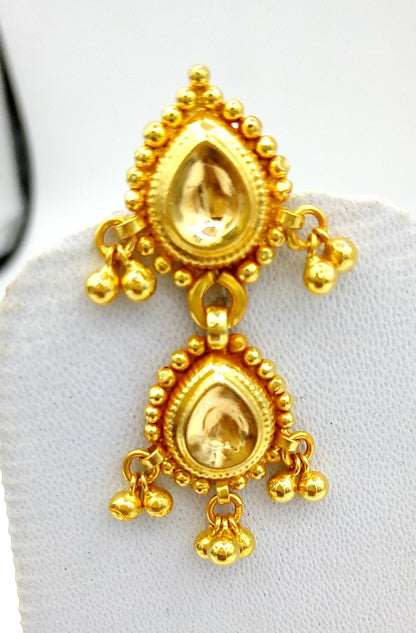22KT yellow gold vintage tribal earrings with Tussi pattern and hanging bells, traditional Indian jewelry by TRIBAL ORNAMENTS.