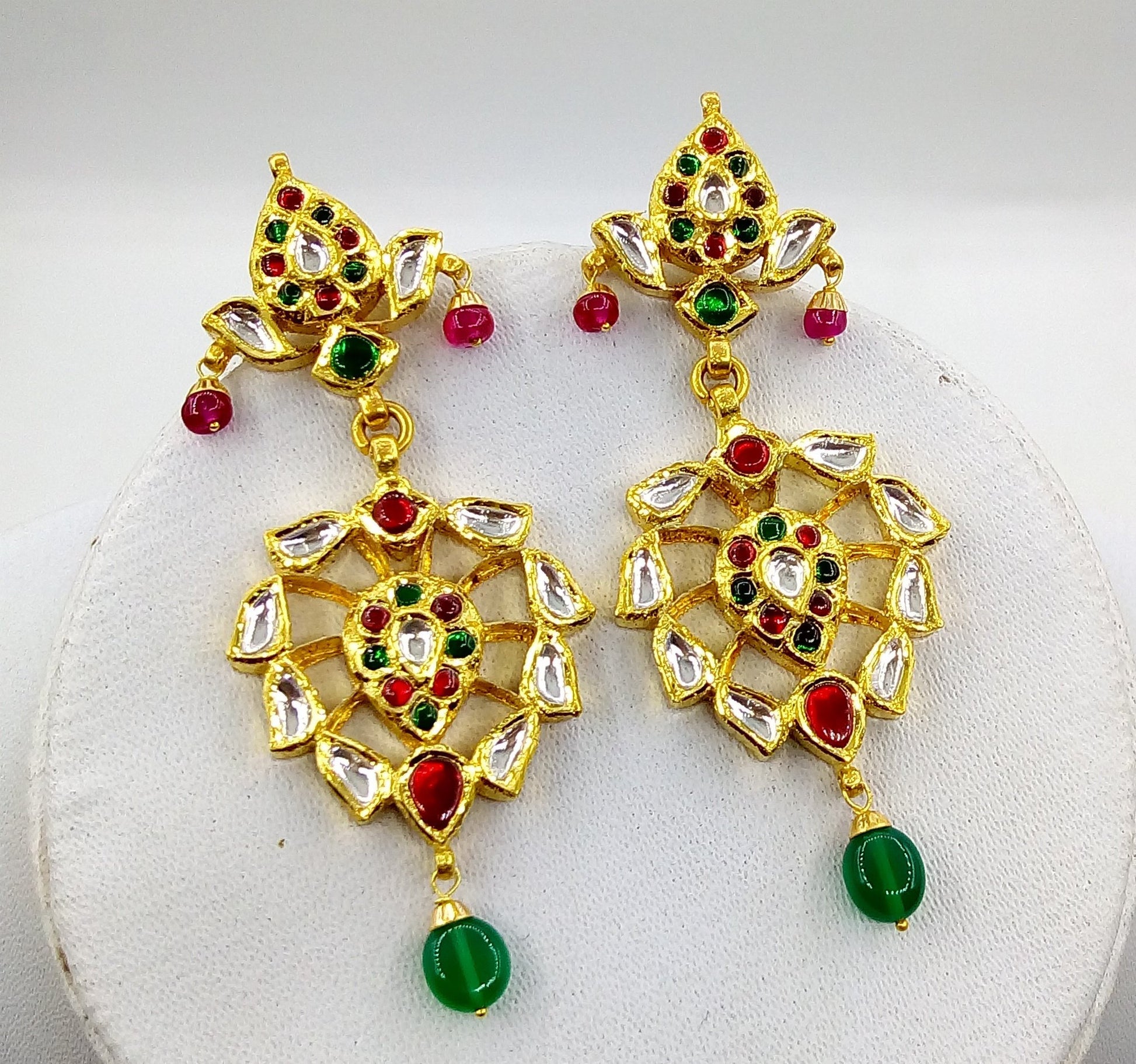 22KT yellow gold vintage Kundan Jadau stone earrings by Tribal Ornaments, featuring intricate craftsmanship for wedding and anniversary occasions.