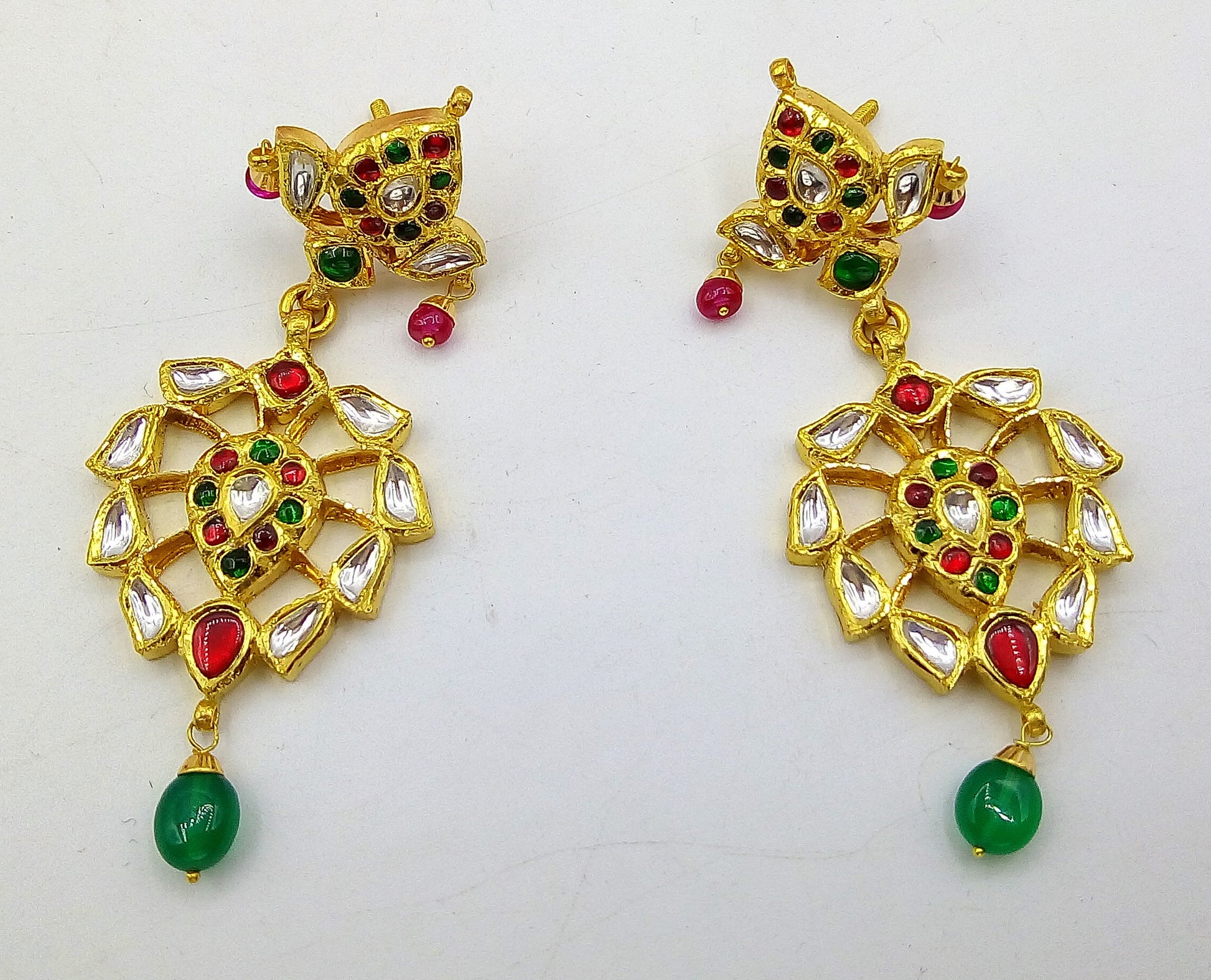 22KT yellow gold vintage Kundan Jadau stone earrings with intricate design, perfect for weddings and special occasions.