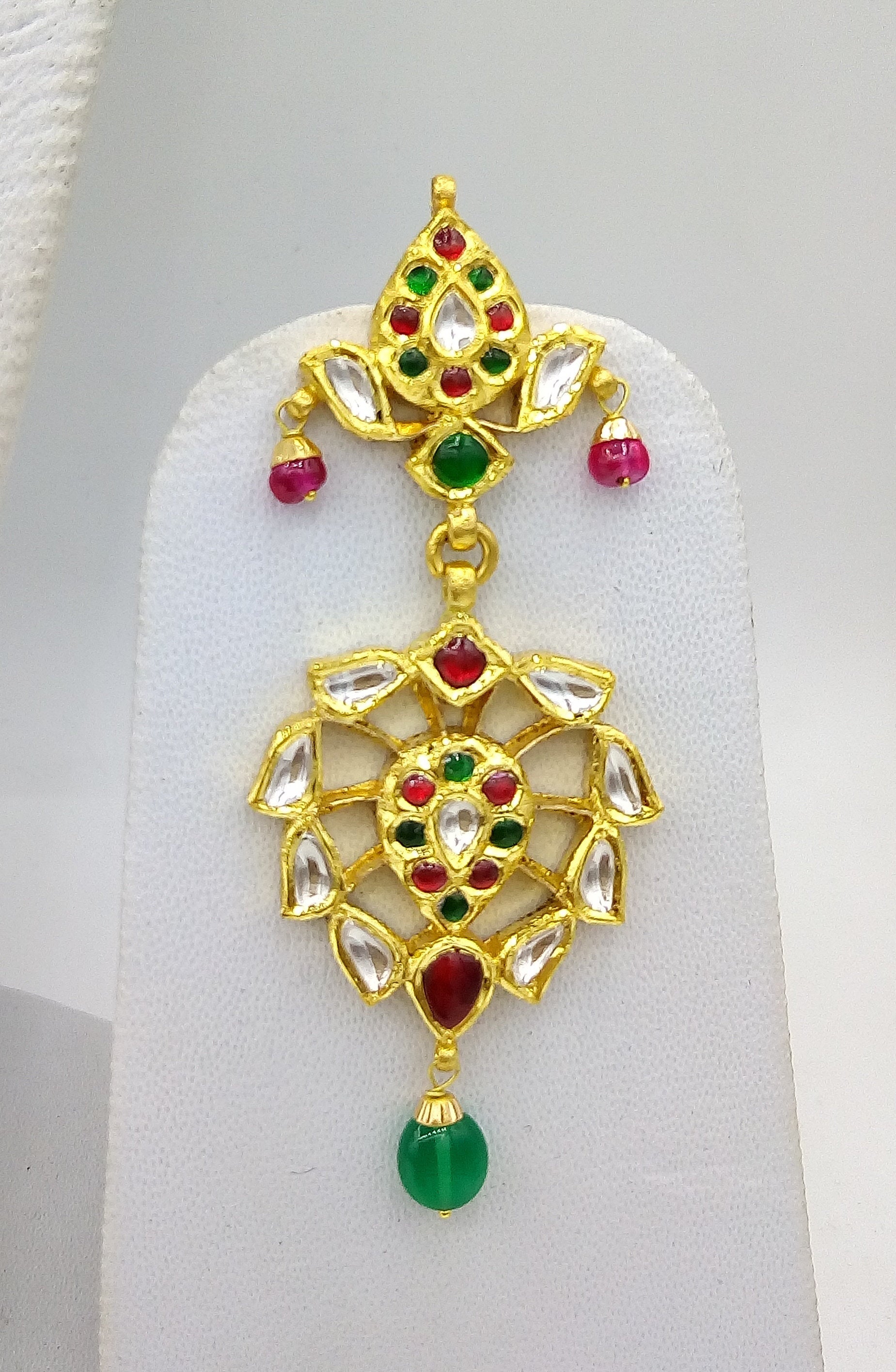 22KT yellow gold vintage Kundan Jadau stone earrings by Tribal Ornaments, featuring intricate handmade craftsmanship for special occasions.