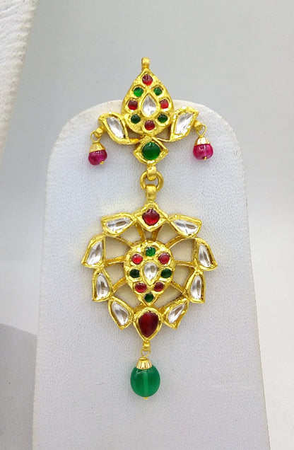 22KT yellow gold vintage Kundan Jadau stone earrings by Tribal Ornaments, featuring intricate handmade craftsmanship for special occasions.