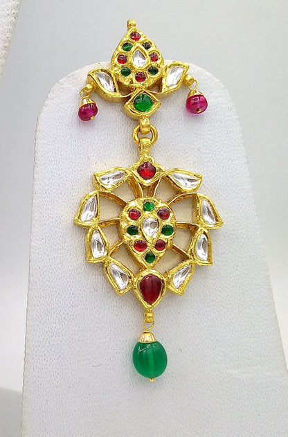 22KT yellow gold vintage Kundan Jadau stone earrings by Tribal Ornaments, intricate handmade jewelry for weddings and special occasions.