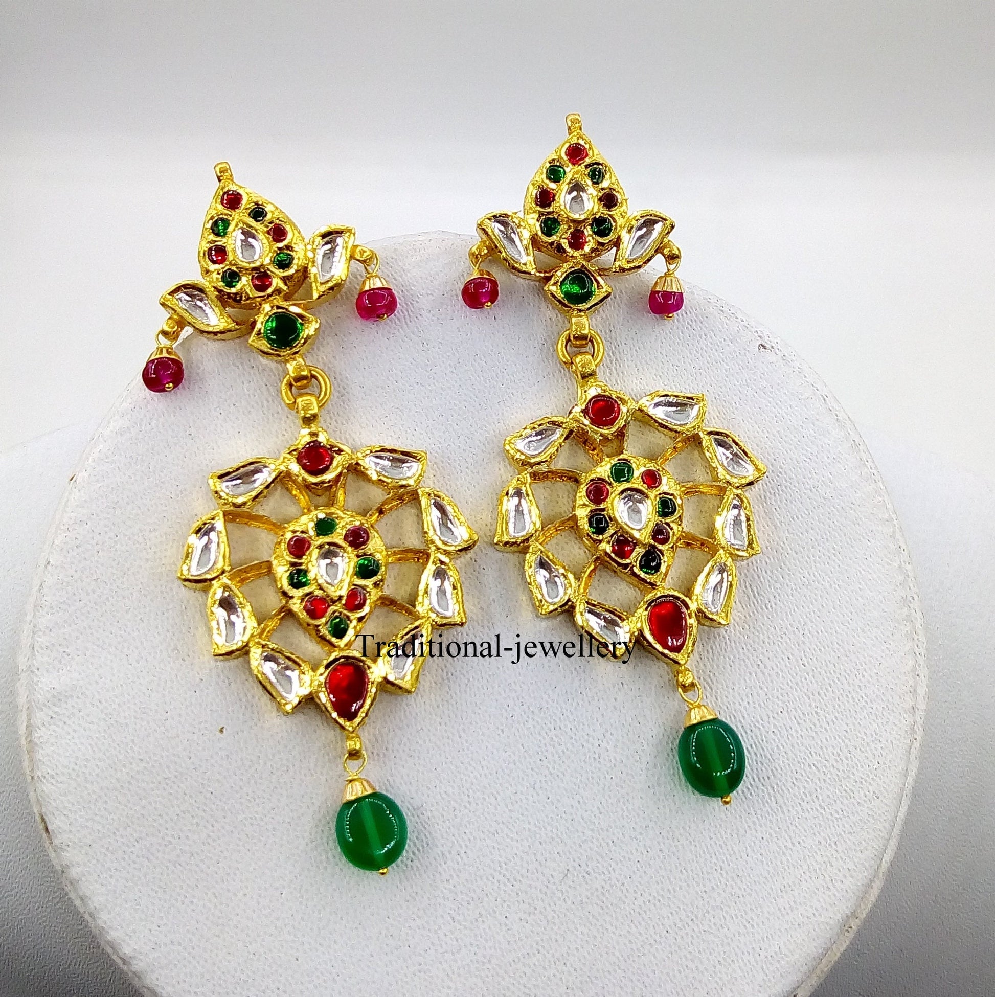 22KT yellow gold vintage Kundan Jadau stone earrings by Tribal Ornaments, featuring intricate handmade design for weddings and anniversaries.