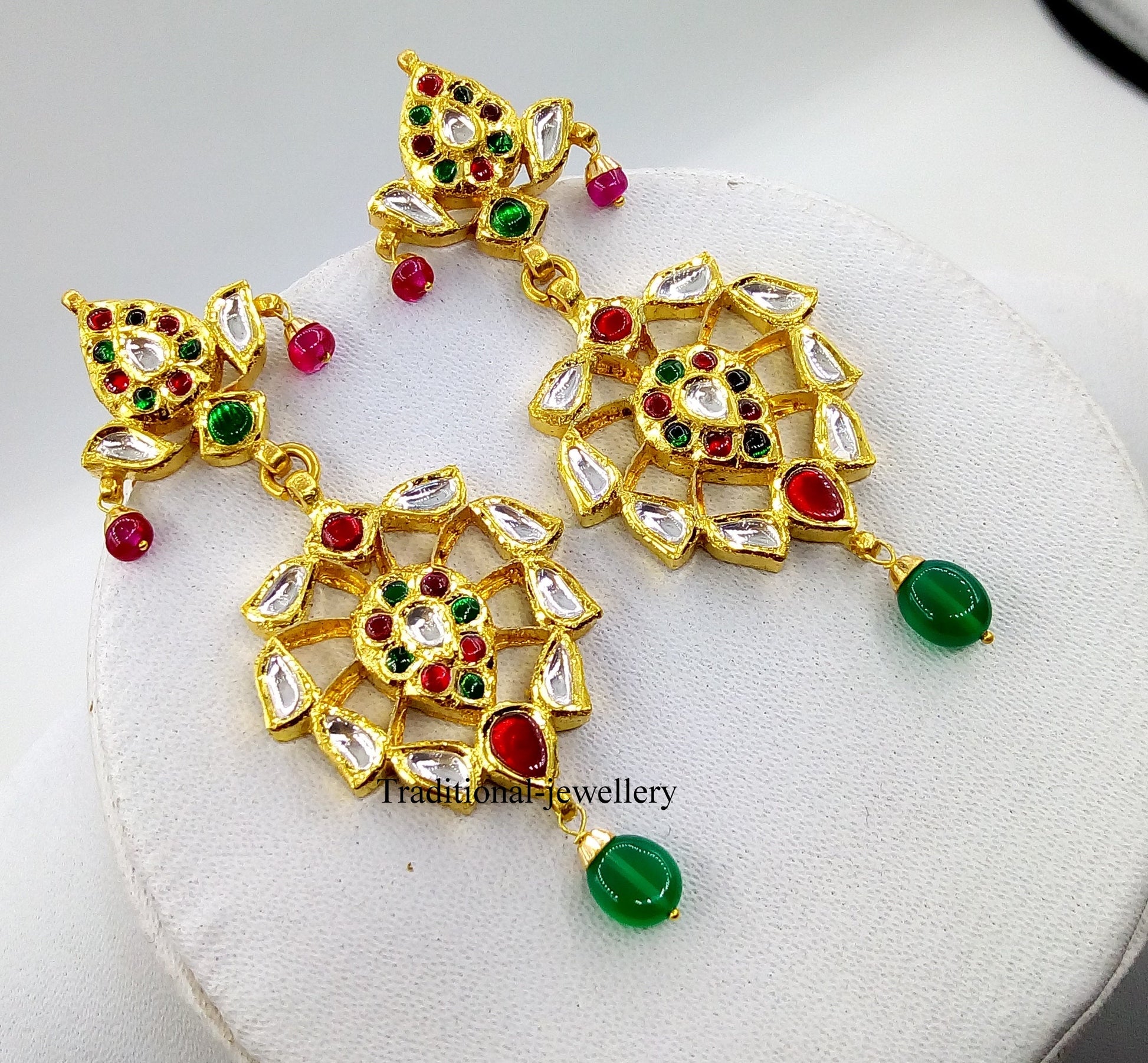 22KT yellow gold vintage Kundan Jadau stone earrings from Tribal Ornaments, handcrafted jewelry for weddings or anniversaries.