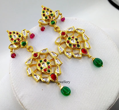 22KT yellow gold vintage Kundan Jadau stone earrings from Tribal Ornaments, handcrafted jewelry for weddings or anniversaries.