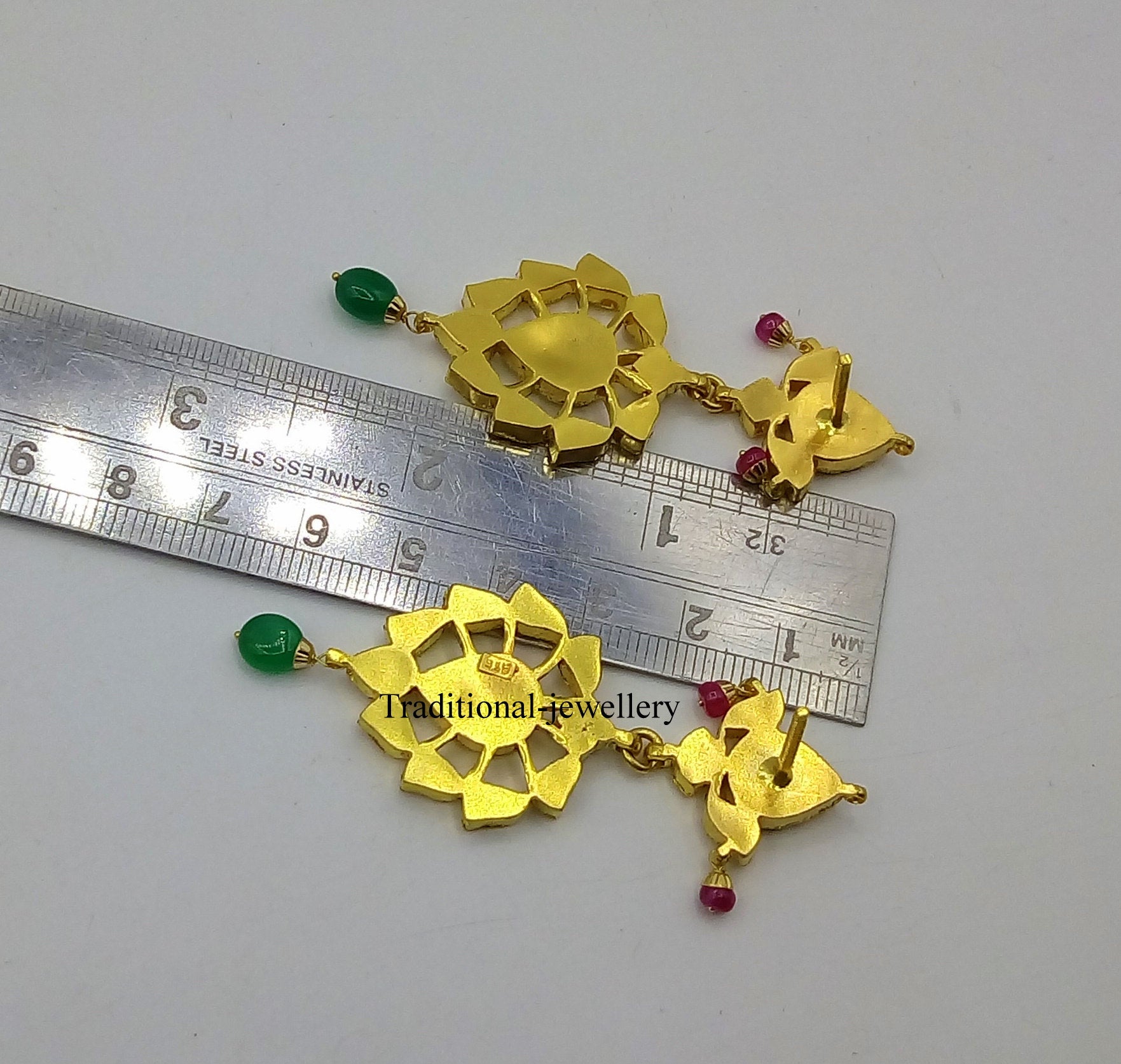 22K yellow gold vintage Kundan Jadau stone earrings from Tribal Ornaments, featuring intricate handmade detailing for wedding or anniversary jewelry.