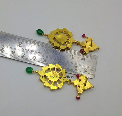 22K yellow gold vintage Kundan Jadau stone earrings from Tribal Ornaments, featuring intricate handmade detailing for wedding or anniversary jewelry.