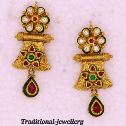 22KT yellow gold vintage Kundan stone Jadau earrings, handmade tribal jewelry perfect for weddings and anniversaries.