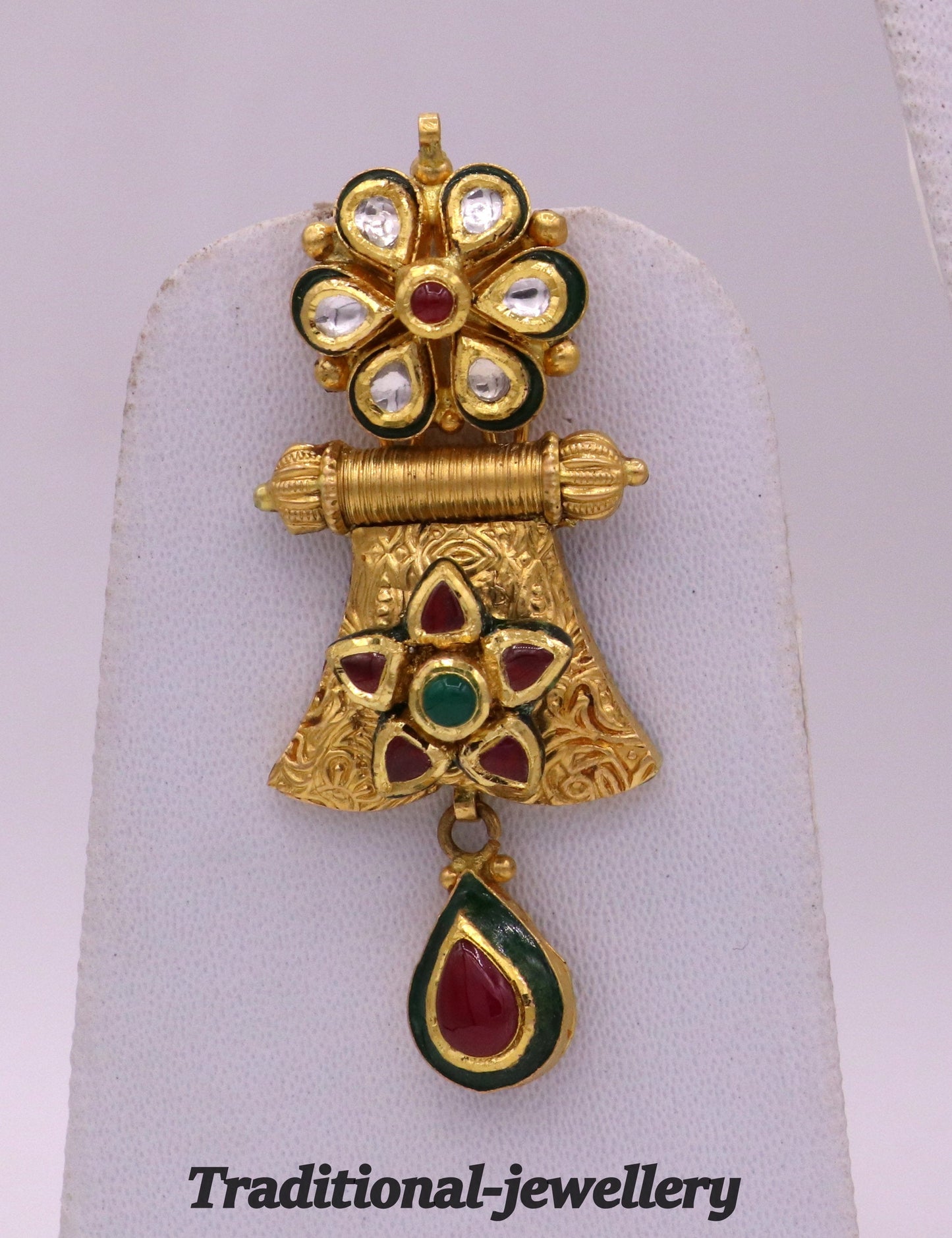 22KT yellow gold handmade vintage Kundan stone Jadau earrings by TRIBAL ORNAMENTS, intricate design ideal for weddings and anniversaries