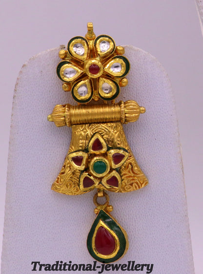 22KT yellow gold vintage Kundan stone Jadau earrings by TRIBAL ORNAMENTS, showcasing intricate handmade antique jewelry for women.