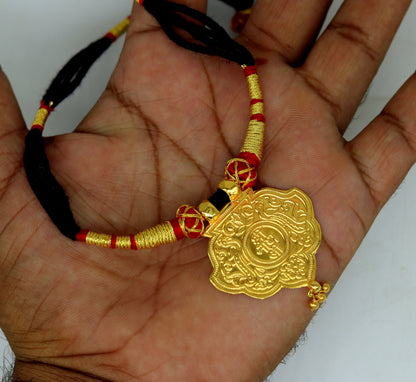 22KT yellow gold handmade vintage Ram Nami adjustable necklace with Shrinath Ji pendant, traditional tribal jewelry by TRIBAL ORNAMENTS.