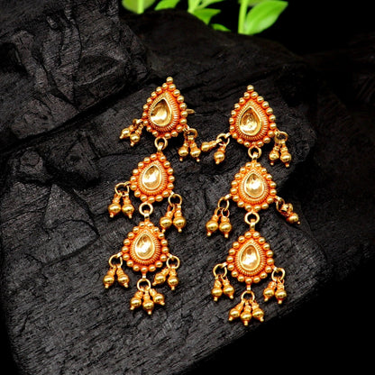 22KT yellow gold vintage Tussi design earrings by TRIBAL ORNAMENTS, featuring intricate drop and dangle styles for wedding jewelry.