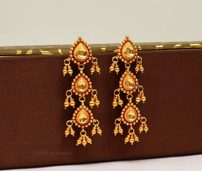 22KT yellow gold handmade vintage Tussi design earrings with drop dangle style, perfect for bridal and wedding jewelry.