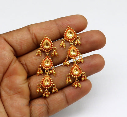 22KT yellow gold handmade vintage Tussi design earrings featuring drop dangle style, ideal for bridal or wedding jewelry.