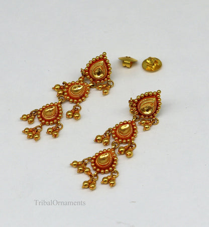 22KT yellow gold handmade vintage Tussi design earrings with drop dangle style, perfect for bridal jewelry and wedding gifts.