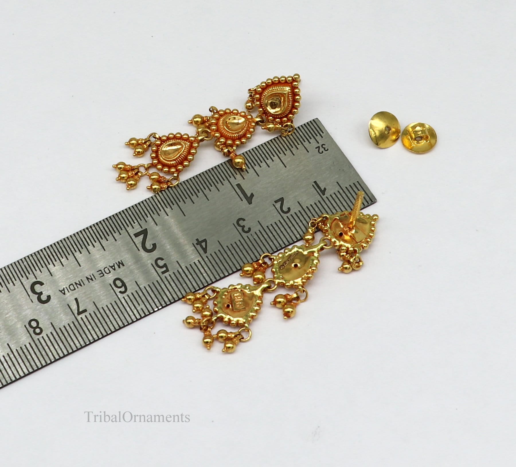 22Kt yellow gold handmade Vintage antique tussi design earring, gorgeous brides gifting stud earring drop dangle wedding jewelry ear130 - TRIBAL ORNAMENTS