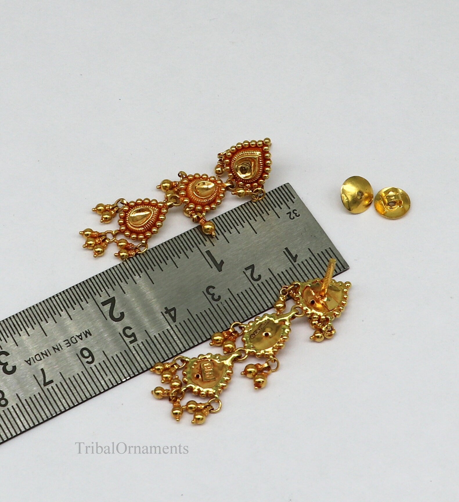 22Kt yellow gold handmade Vintage antique tussi design earring, gorgeous brides gifting stud earring drop dangle wedding jewelry ear130 - TRIBAL ORNAMENTS