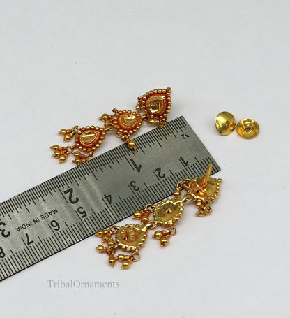 22KT yellow gold handmade vintage Tussi design earrings with drop dangle style, ideal for bridal jewelry and wedding gifting.