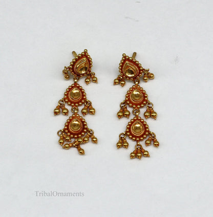22KT yellow gold handmade vintage Tussi design earrings with dangle and stud styles, ideal for bridal or wedding jewelry.
