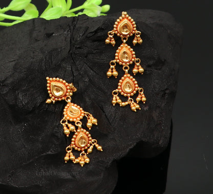 22KT yellow gold handmade vintage Tussi earrings with drop dangle design, perfect for bridal or wedding jewelry.