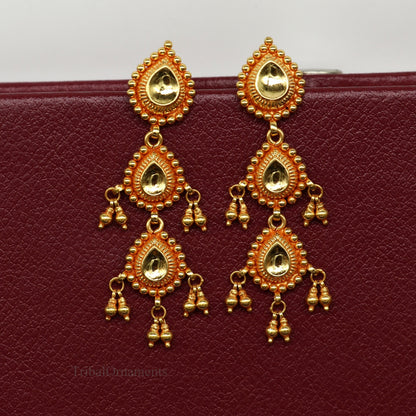 22KT yellow gold vintage Tussi earrings with drop dangle design, handmade tribal jewelry perfect for bridal and wedding occasions.