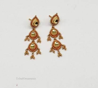 22KT yellow gold vintage Tussi design earrings by TRIBAL ORNAMENTS, featuring drop dangle style for bridal and wedding jewelry.