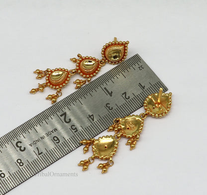 22KT yellow gold handmade vintage Tussi earrings featuring drop and dangle design, ideal for bridal wedding jewelry.