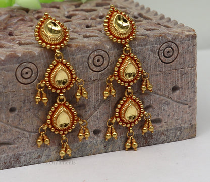 22KT yellow gold handmade vintage Tussi design earrings, bridal gift stud drop dangle wedding jewelry by Tribal Ornaments.