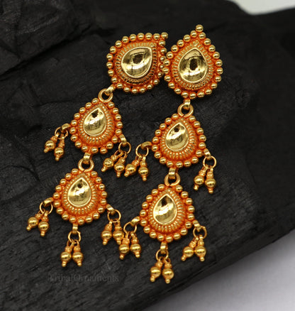 22KT yellow gold vintage Tussi design earrings by Tribal Ornaments, featuring drop and dangle styles for bridal or wedding jewelry.