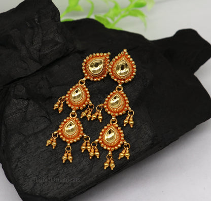 22KT yellow gold handmade vintage Tussi design earrings, bridal stud and drop dangle wedding jewelry by TRIBAL ORNAMENTS.