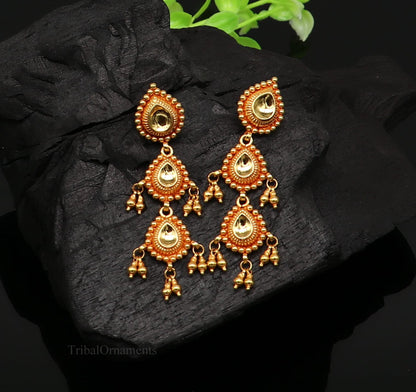 22KT yellow gold handmade vintage Tussi design earrings featuring stud and dangle styles, perfect for bridal wedding jewelry.