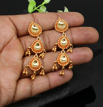 22KT yellow gold handmade vintage Tussi design earrings with stud and dangle style, perfect for bridal or wedding jewelry.