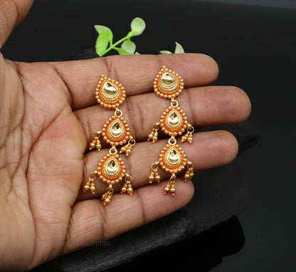 22KT yellow gold handmade vintage Tussi design earrings with drop dangle style, perfect for bridal and wedding jewelry.