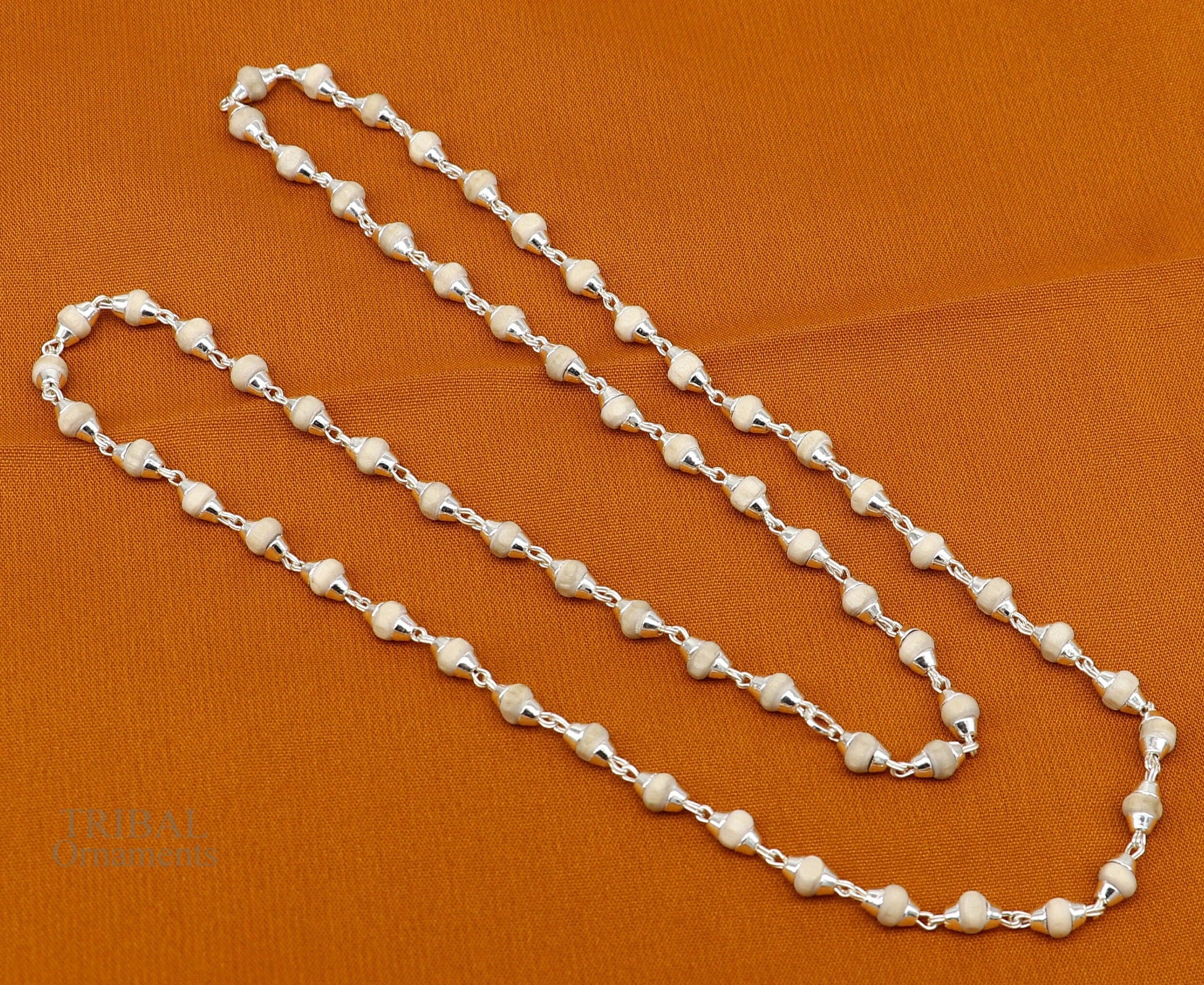 23" 4.5mm Sterling silver handmade Solid basil rosary plant wooden beads silver chain necklace tulsi mala use in Ayurveda meditation ch142 - TRIBAL ORNAMENTS